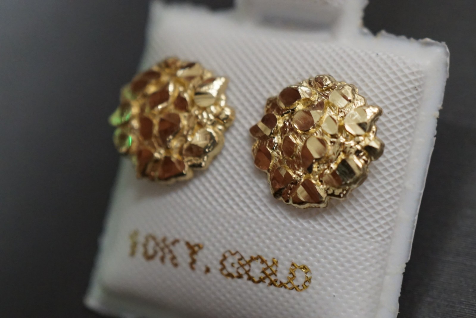 Real 10K Solid Yellow Gold 10MM Diamond Cut Round Nugget Stud Earrings.