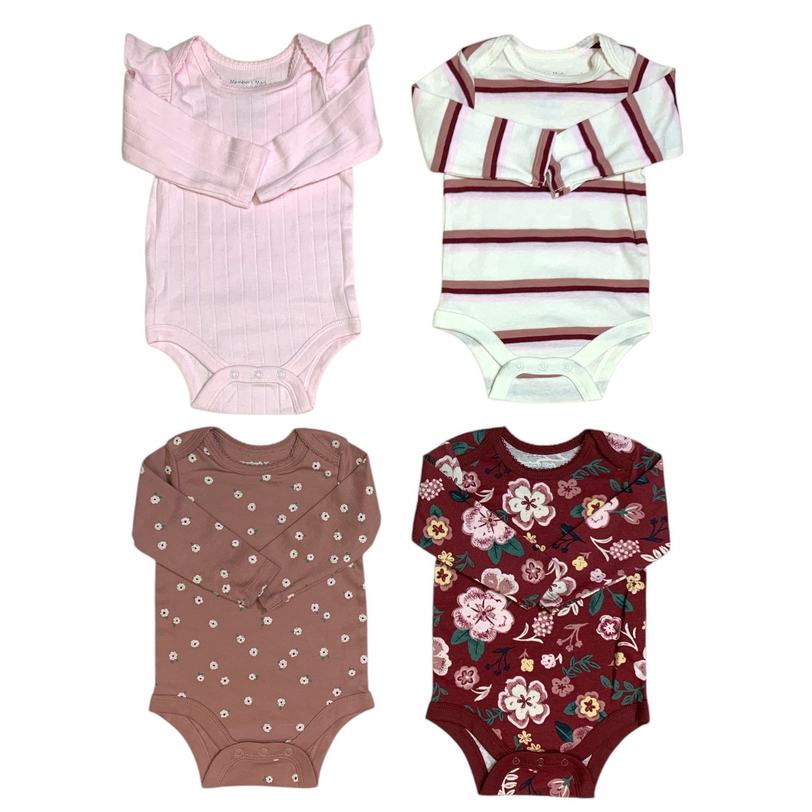 Member's Mark Baby Girls Organic Cotton Bodysuits 4-Pack, Long Sleeve with Snaps