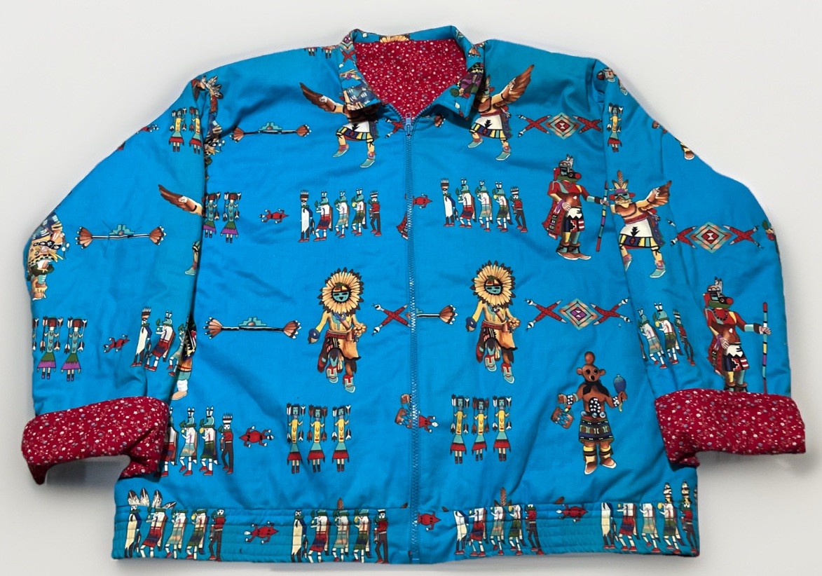 Native American Hopi Beaded Kachina Dolls Quilted Jacket Size XL Handmade