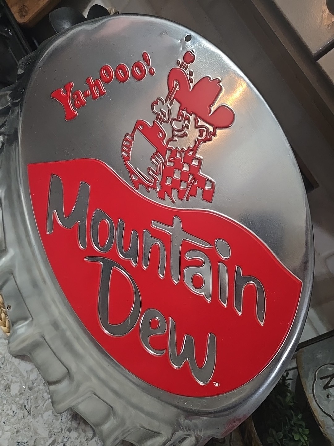 Mountain Dew Hillbilly Ya-Hoo embossed metal sign 18x19 used