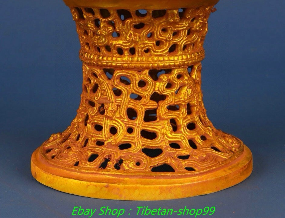 9.4''Old Dynasty Bronze Ware Gilt Inscription Hollow out Incense Burner Censer