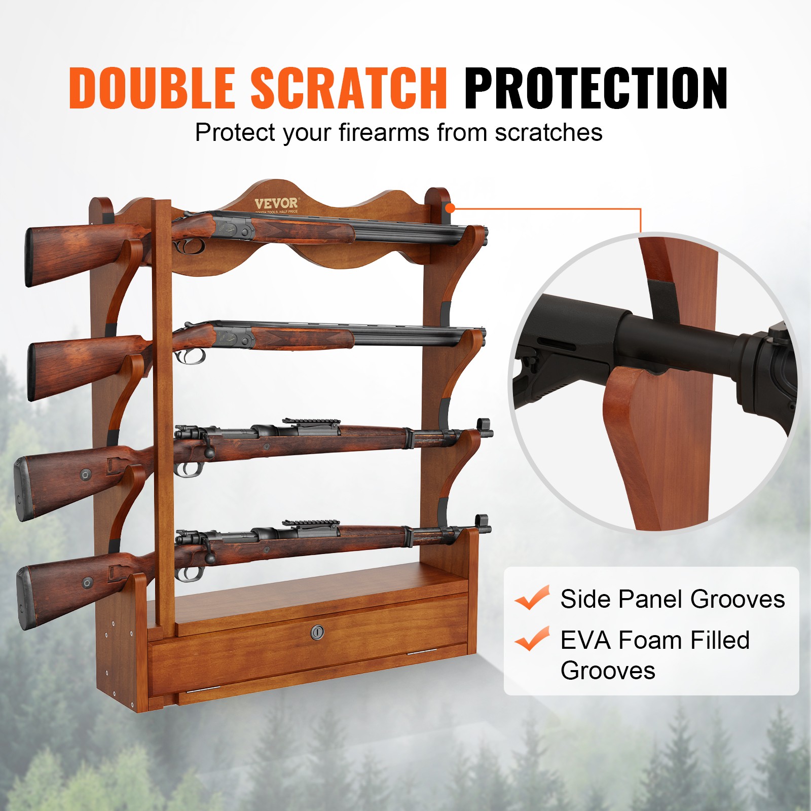 VEVOE Gun Rack 4-Slot Wood Gun Rack Wall Mount Gun Display Rack holds 4 Rifles