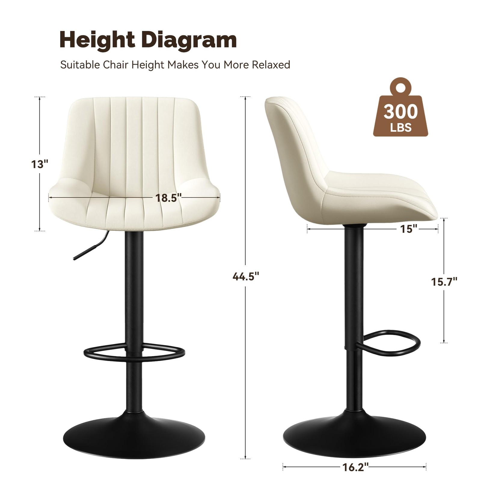 Set of 2 Bar Stools with Backs Adjustable Swivel Counter Height Fabric Off-White