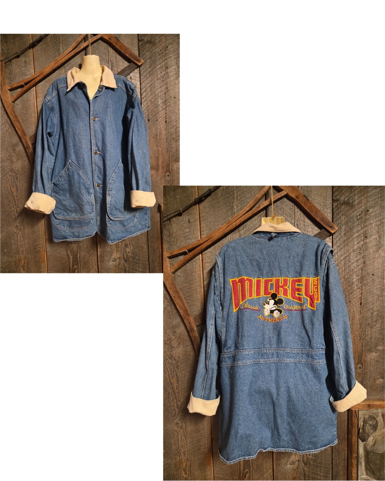 Vintage 80s 90s OFFICIAL Disney Mickey Mouse Denim Jacket Baggy L Cord Collar