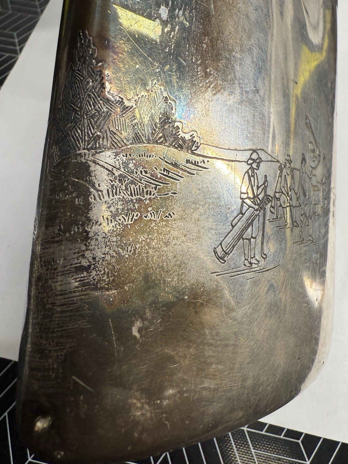 Dented / Damaged MERIDEN B SILVER PLATE Whiskey Flask - Golf Monogram