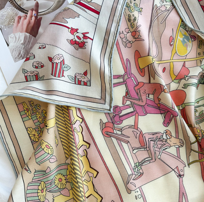 70% Cashmere 30% Silk Wrap Scarf Pink horse Print Double Face Print Shawl 53''
