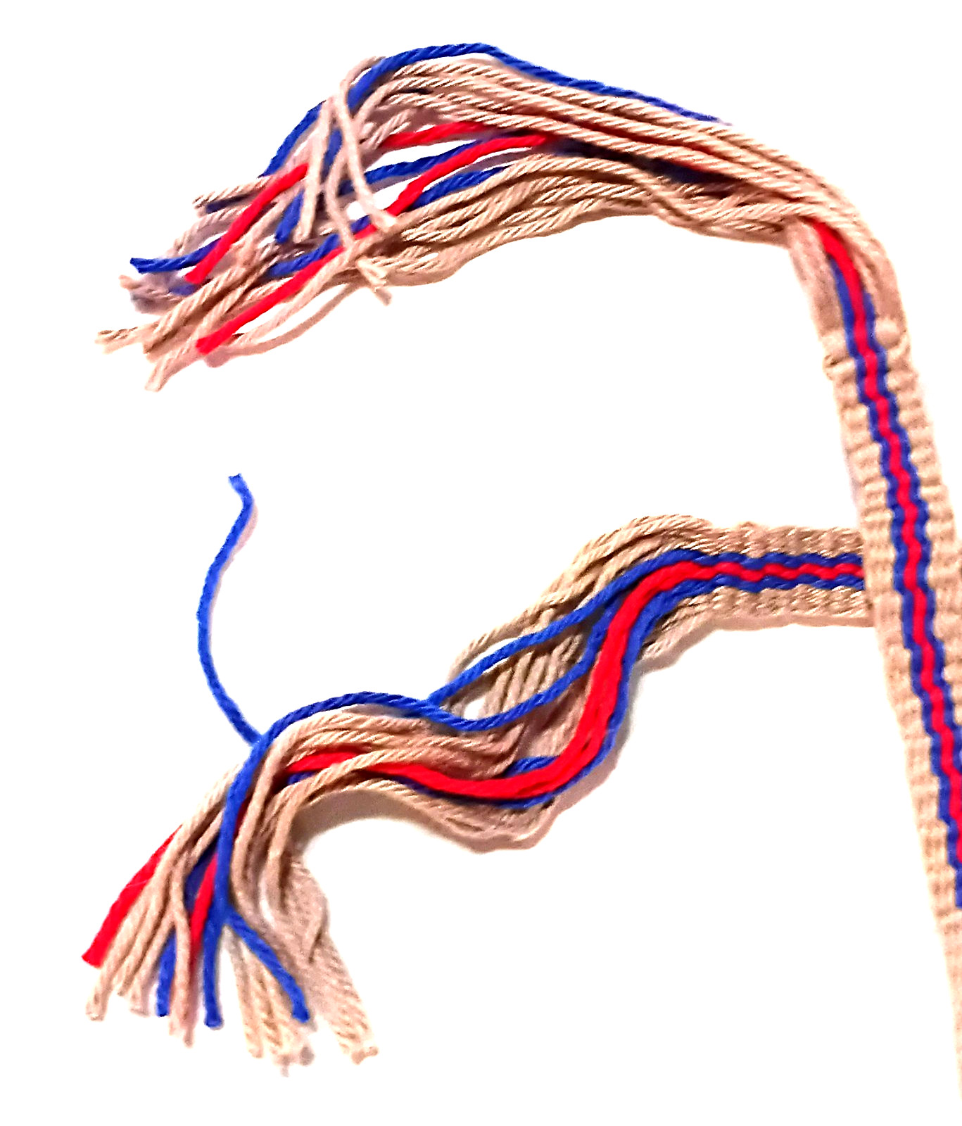 Hand Woven Narrow Cotton+ Hemp Strap f. Powder Horn,abt. 50"natural, blue, red