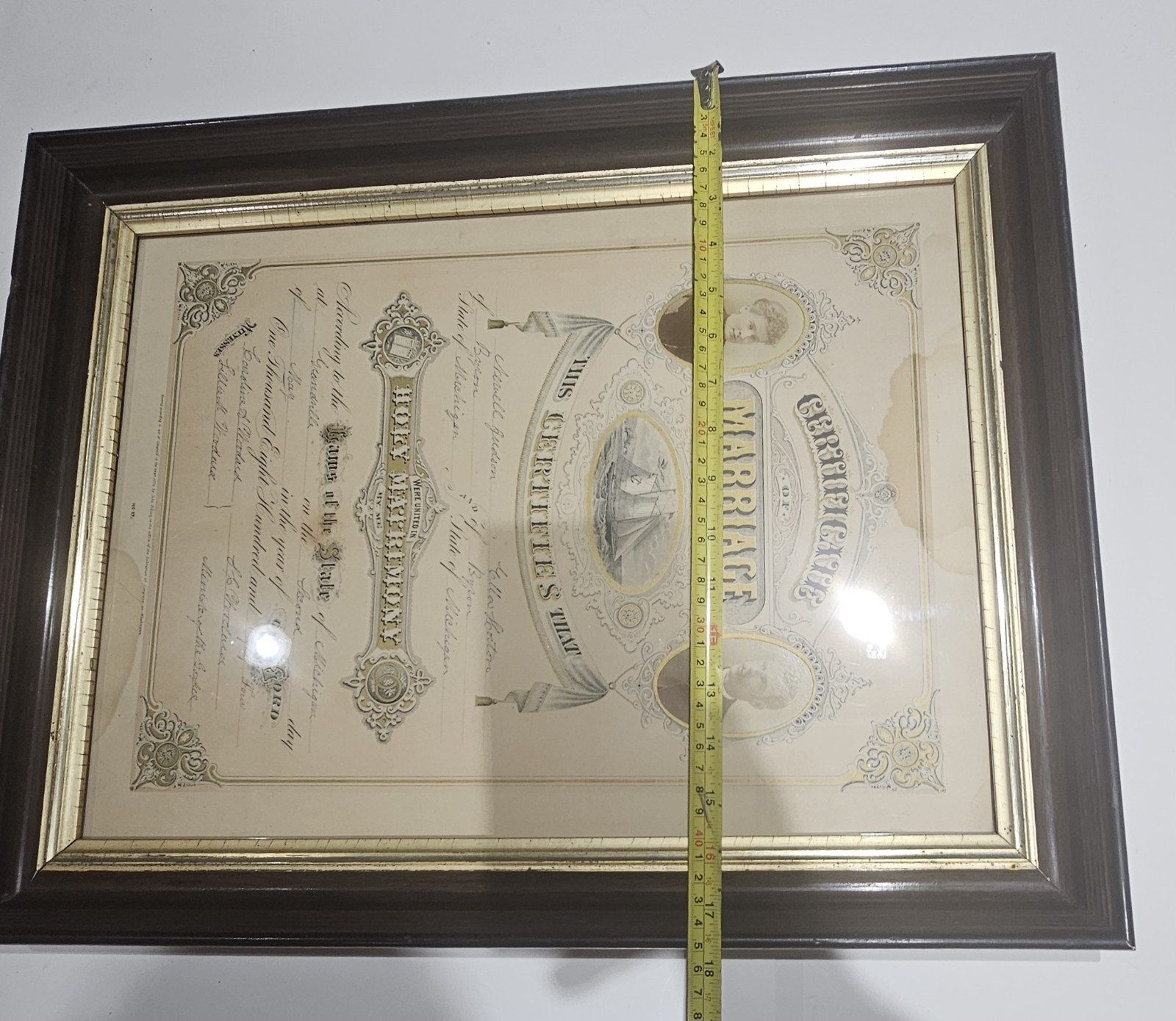 Antique C.1884 Michigan Large Size Marriage Certificate Framed. 14 X 19 Opening
