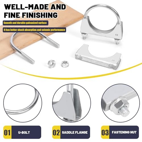 2Pcs (63mm) Exhaust U Clamps, U Bolt Muffler Clips, Silver Steel, 2-1/2"