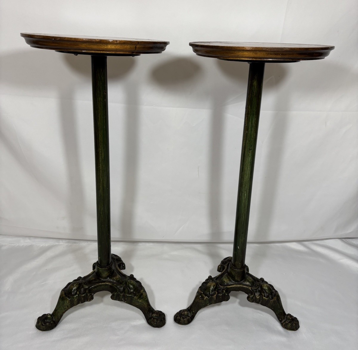 Antique Vintage Painted Green Cast Iron & Walnut? Wood Top Pedestal Plant Stand