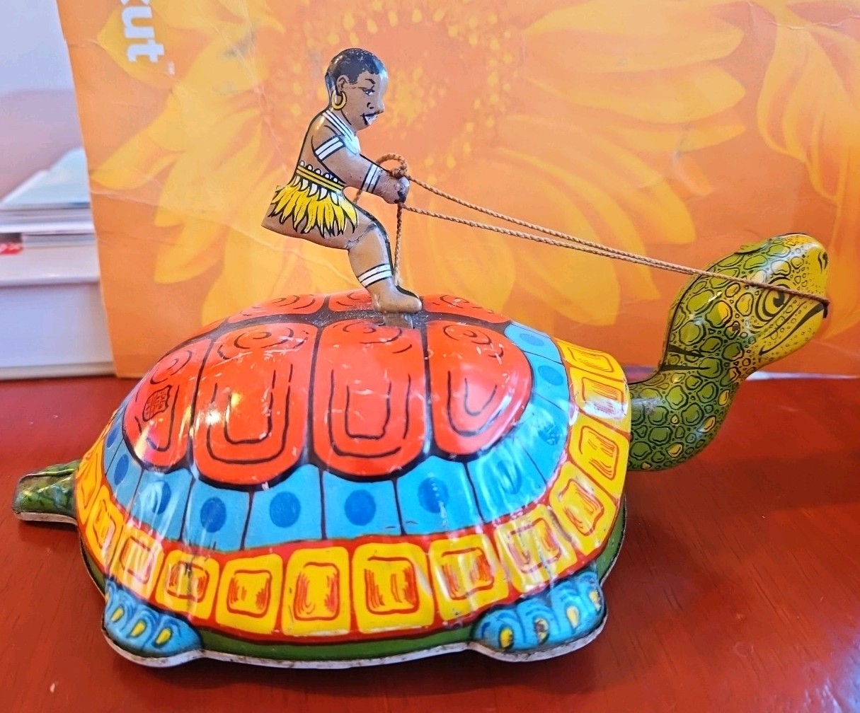 Vintage Antique Tin Toy Wind Up Chein Person Rides Giant Turtle Tortoise Display