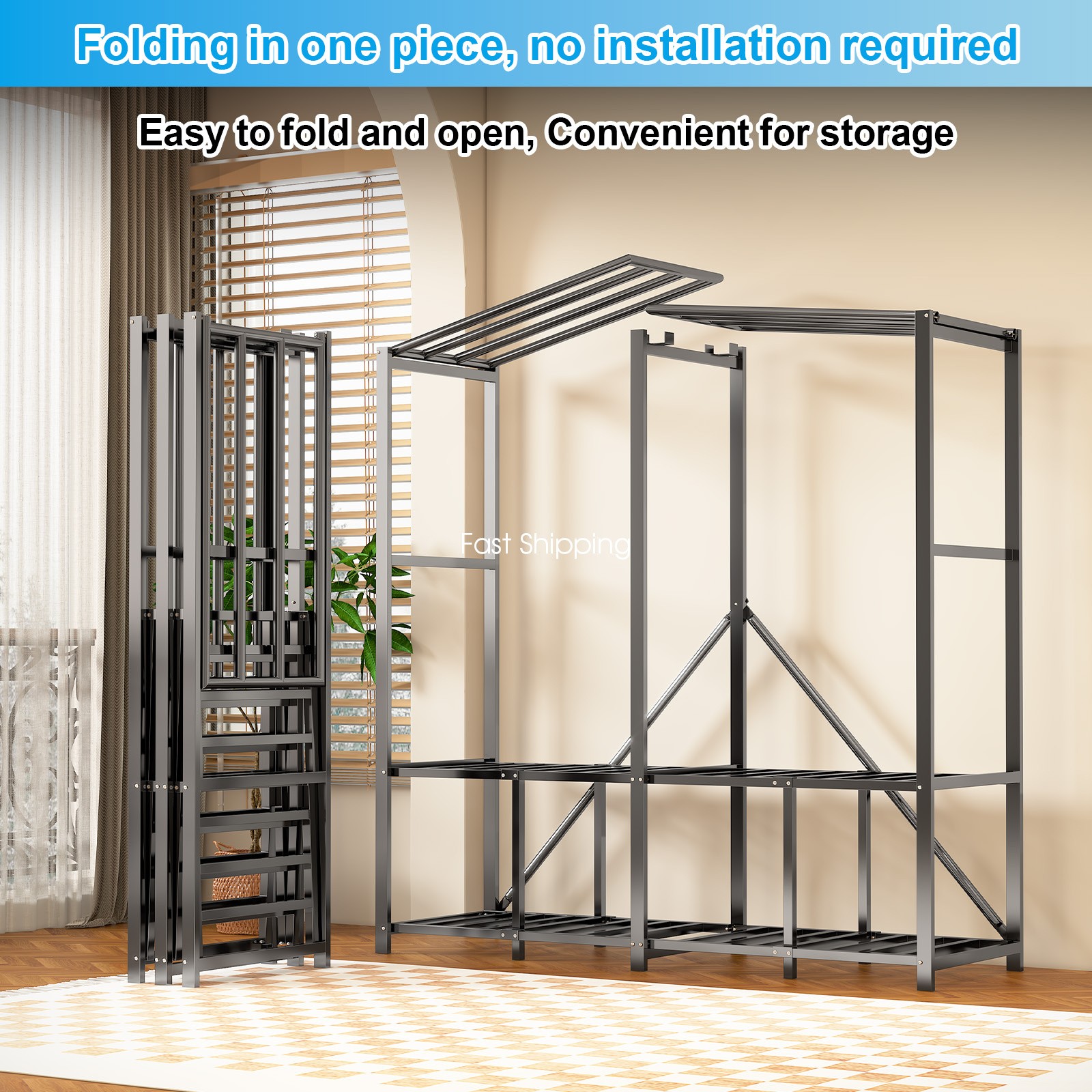 Heavy Duty Portable Metal Closet with Cover Foldable Covered Clothes Rack NEW