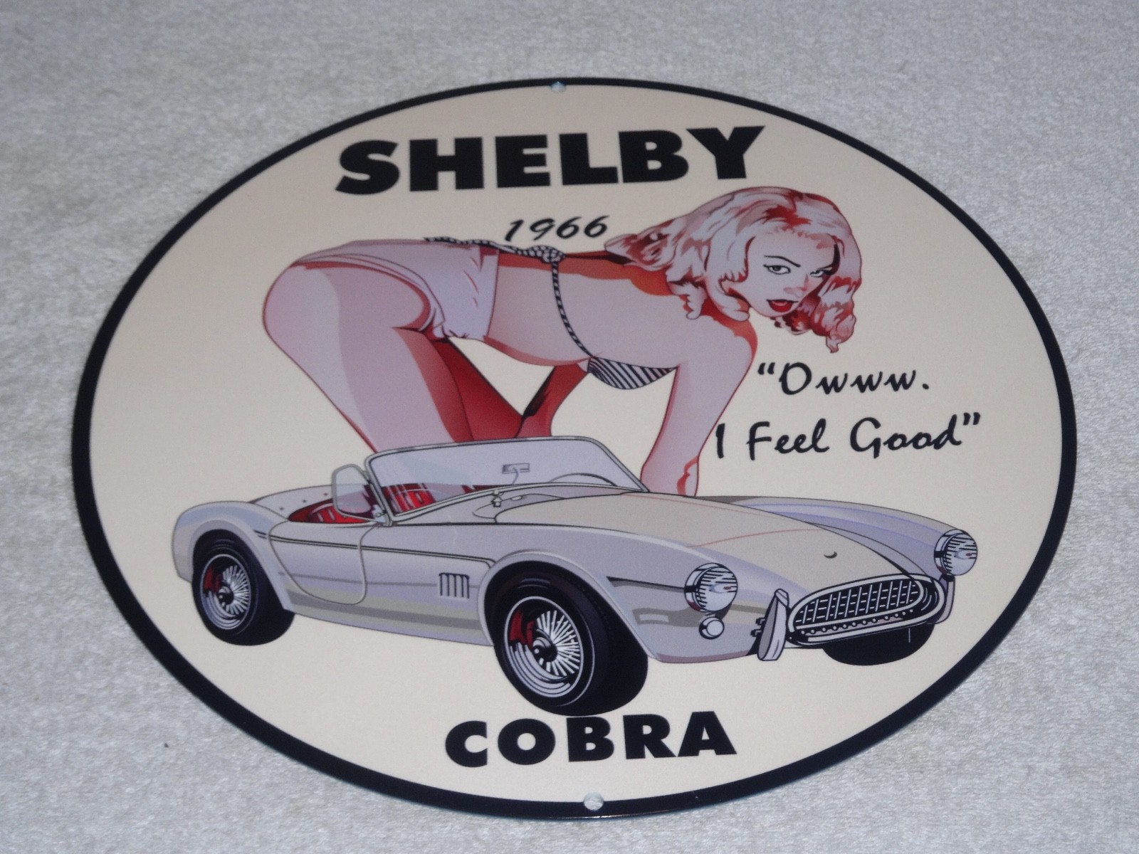 VINTAGE 1966 FORD SHELBY COBRA SPORTS CAR & WOMAN 12" METAL GASOLINE & OIL SIGN!