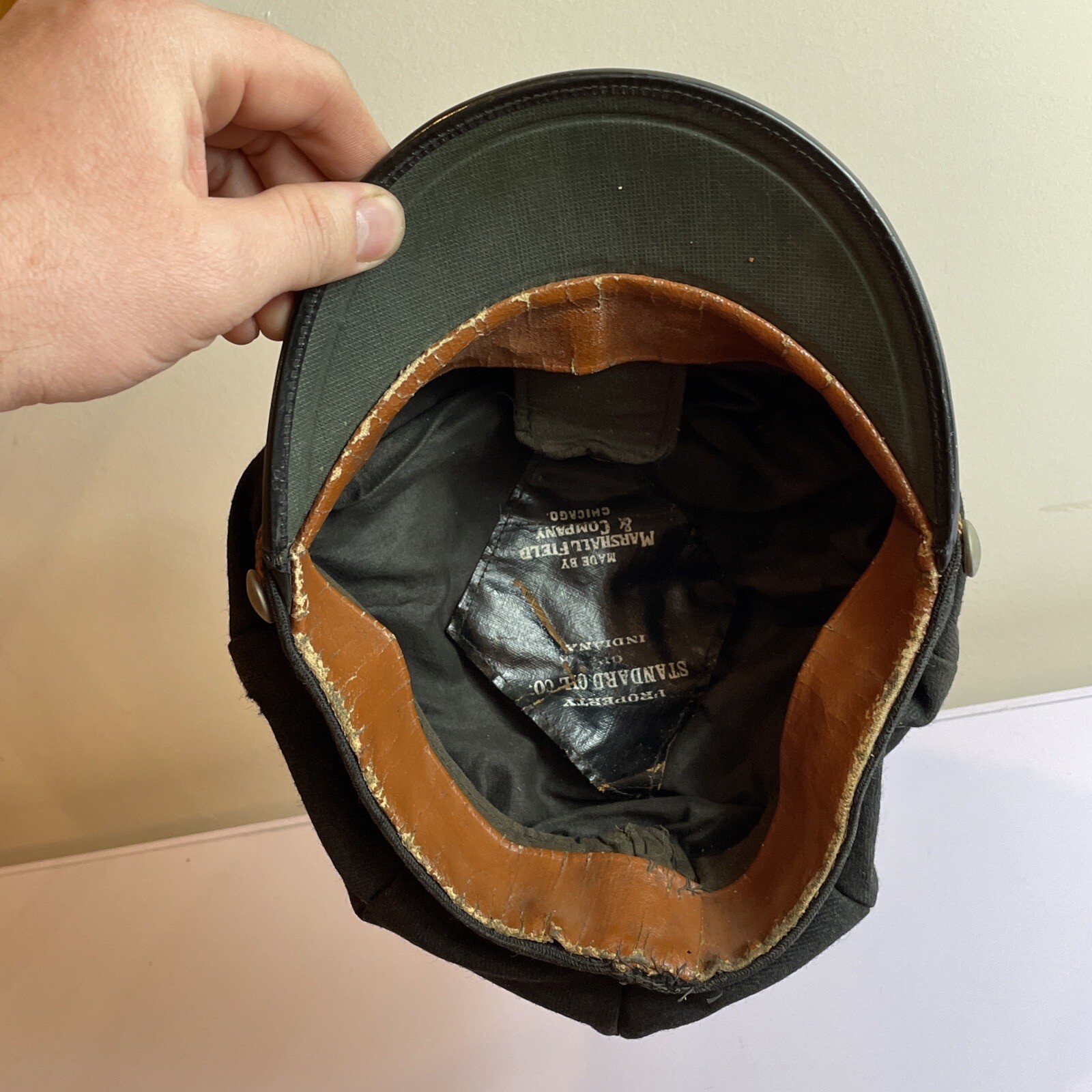 VINTAGE STANDARD OIL Indiana CO METAL ENAMEL SERVICE NAME GAS Hat Marshall Field