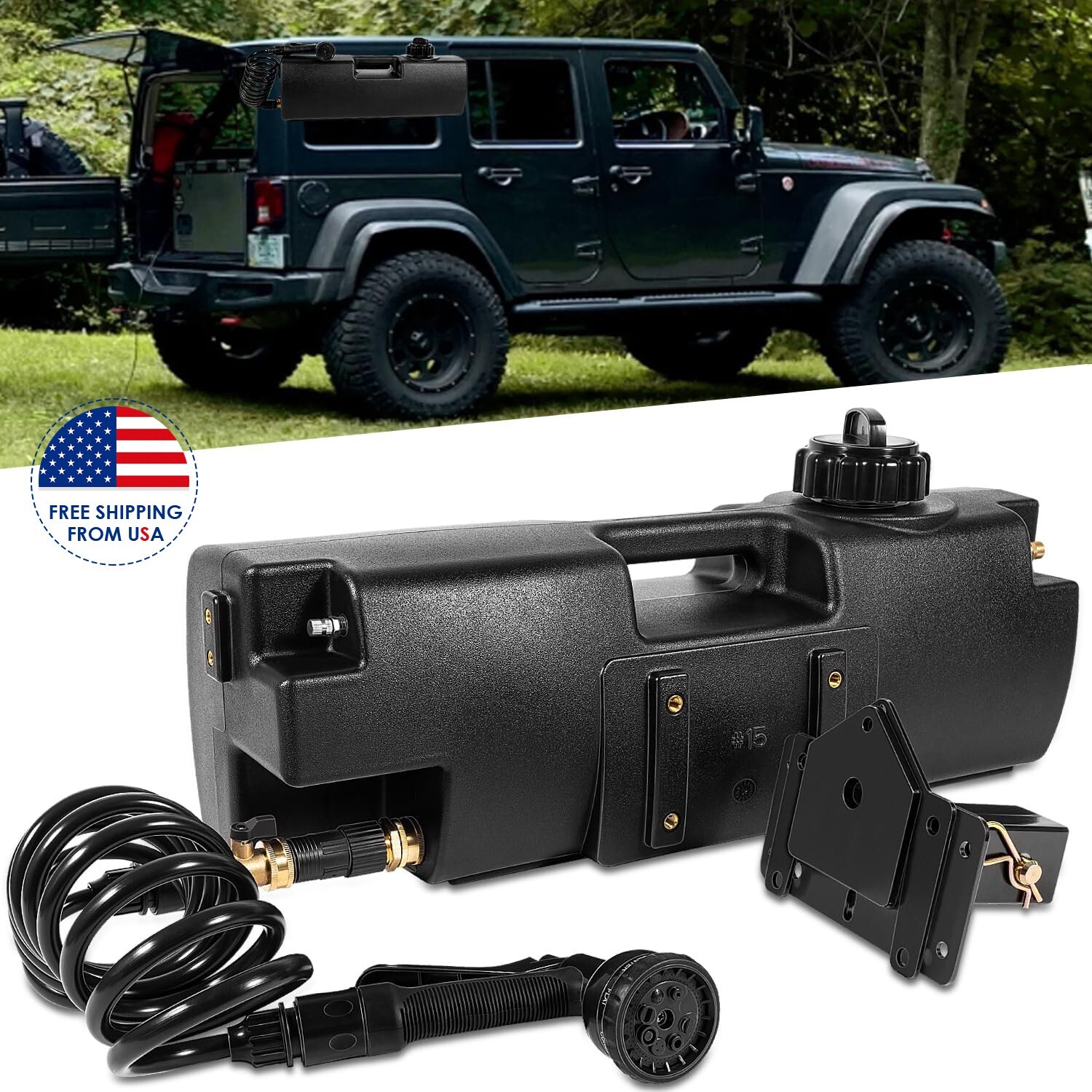 4.0 Gallon Self-Pressurized Water Tank for Camping Showers, Multiple Mounting