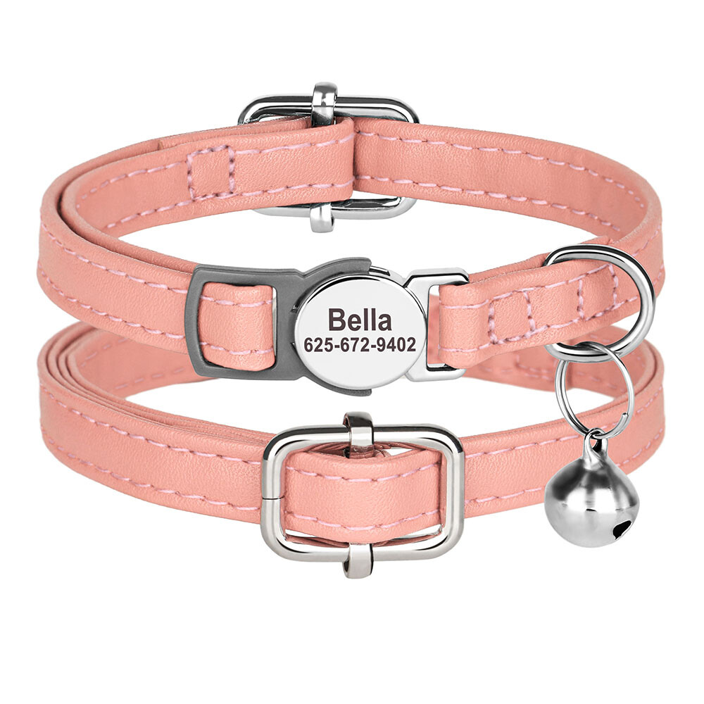 Personalized Cat Collar Puppy Kitten Engraved Name Tag Soft Leather Adjustable