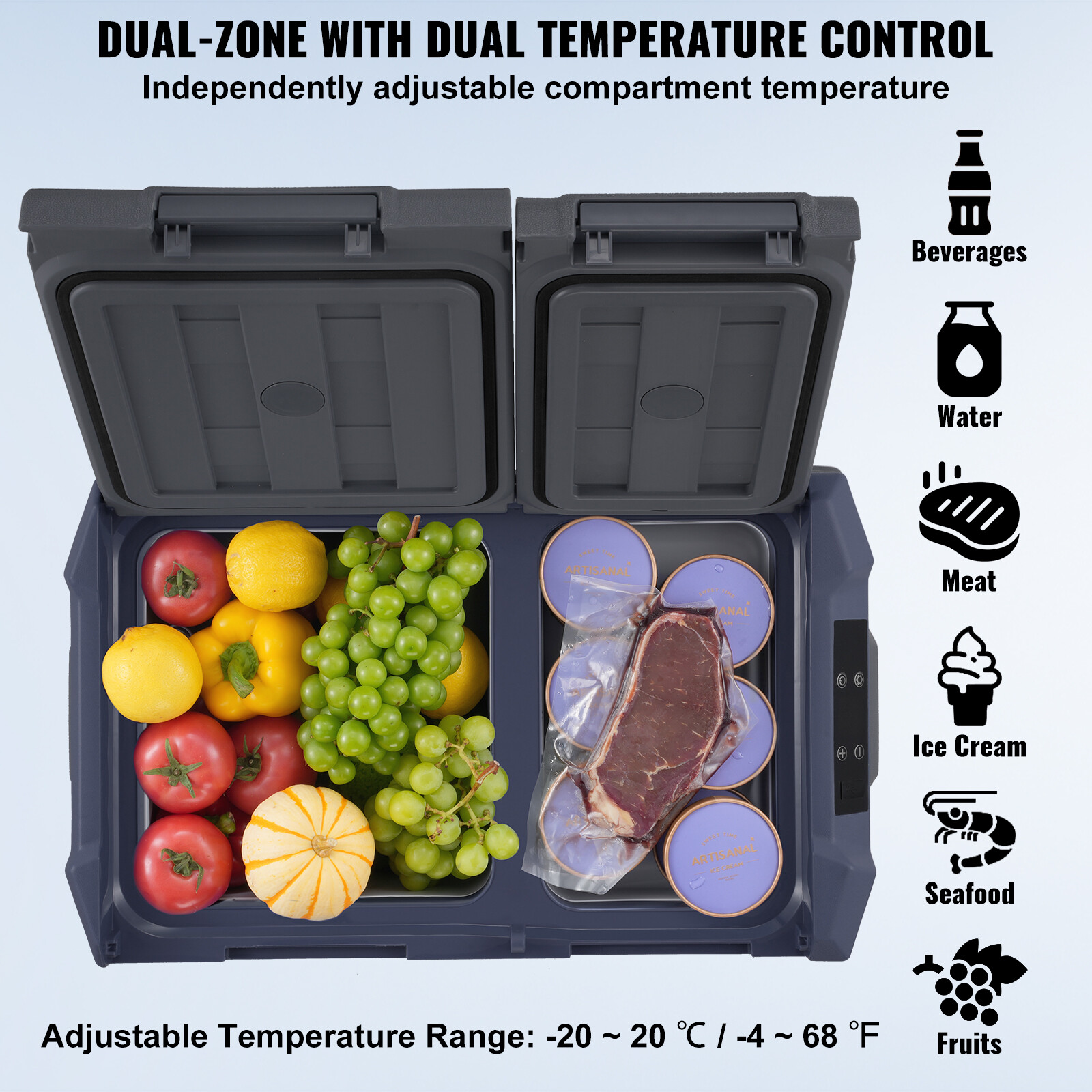 VEVOR Portable Car Refrigerator Freezer Compressor 32 L Dual Zone 2 Temp Control