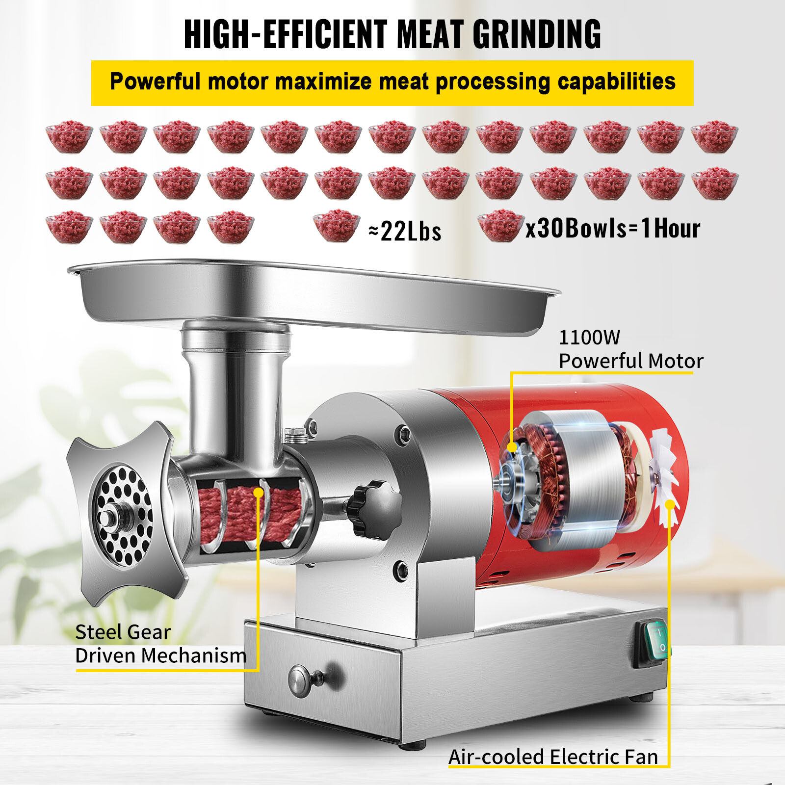 VEVOR Commercial Meat Grinder Electric 660lbs/h 1.5HP Sausage Stuff Meat Mincer