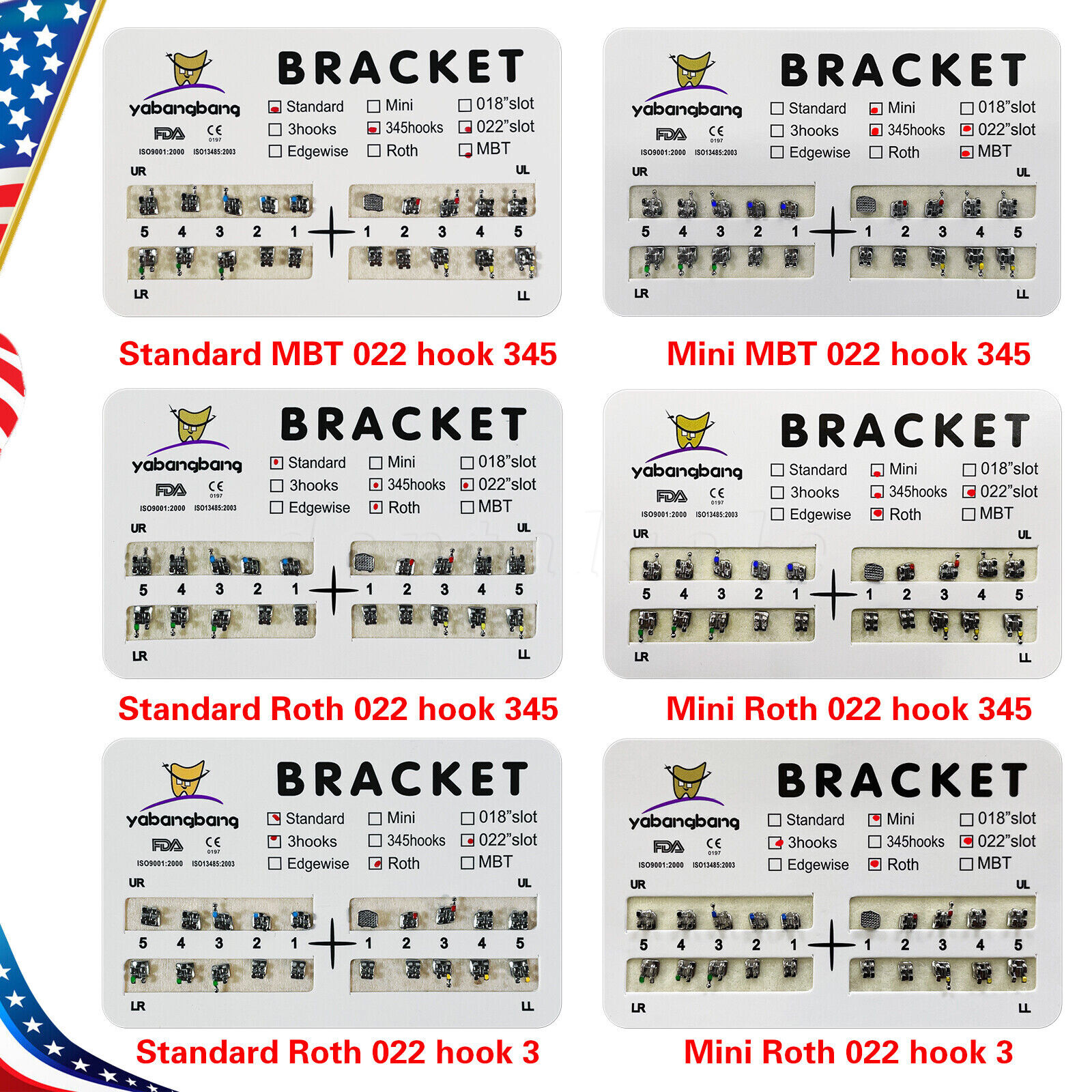 200pcs Dental Orthodontic Bracket Braces Roth/MBT 022" Slot 3/345 hooks Metal US