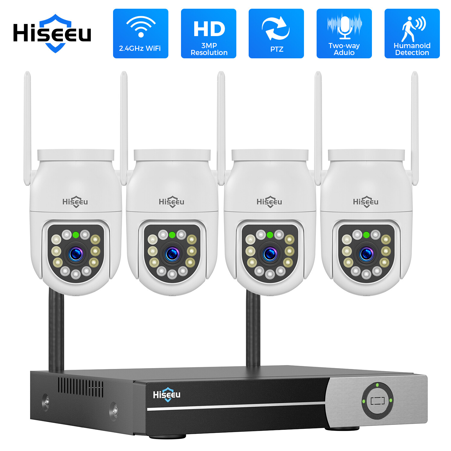 Hiseeu Wifi Security Camera System,16CH NVR,4PCS 3MP PTZ Camera,5G Wifi,No HDD