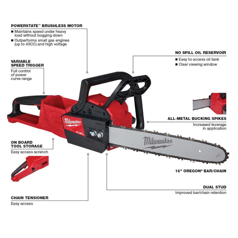Milwaukee 2727-20 M18 FUEL 18V 16-Inch Cordless Chainsaw - Bare Tool