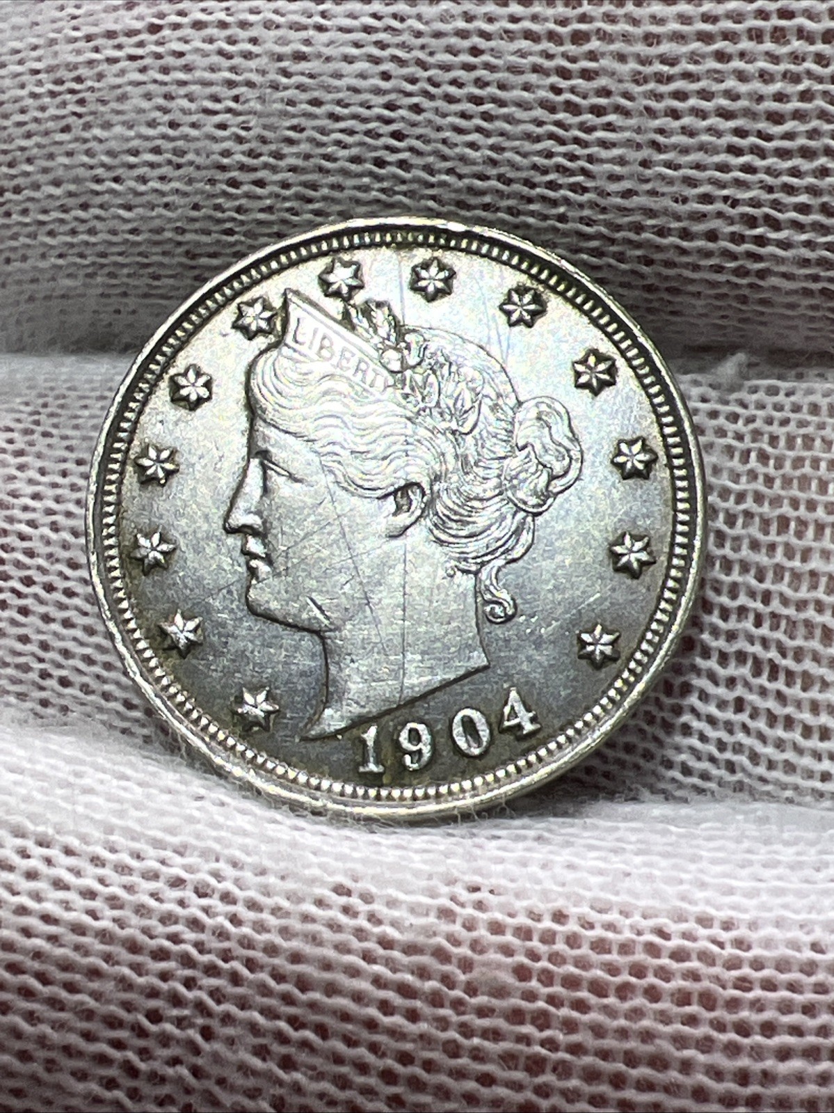 1904 Liberty V Nickel. UNC Detail. Scratches. Nice High Grade Old US Coin!