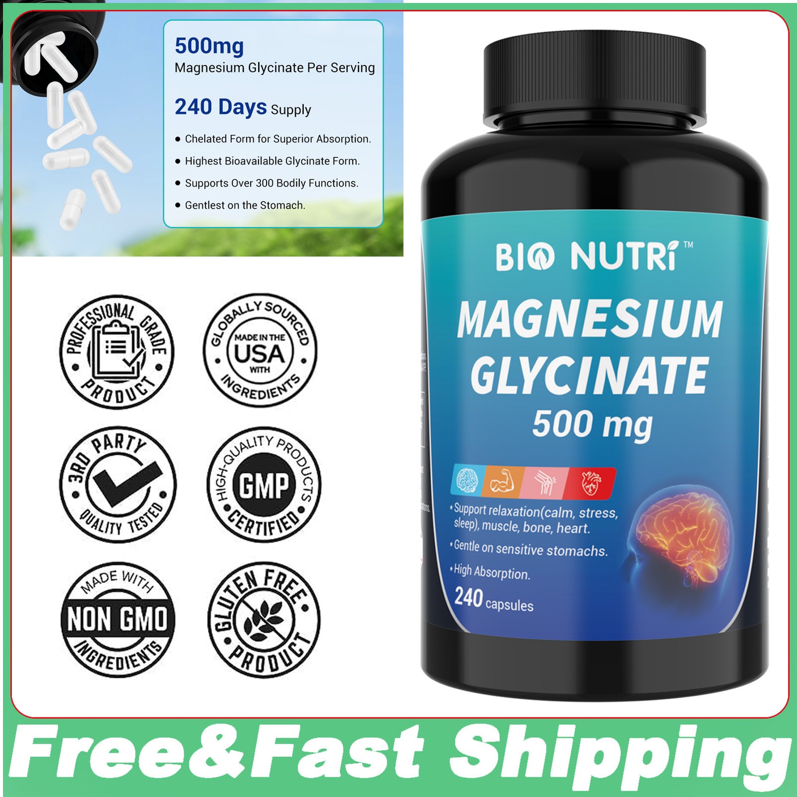 Magnesium Glycinate 500mg 240 Capsules For Sleep Stress Relief Support Bone Lot