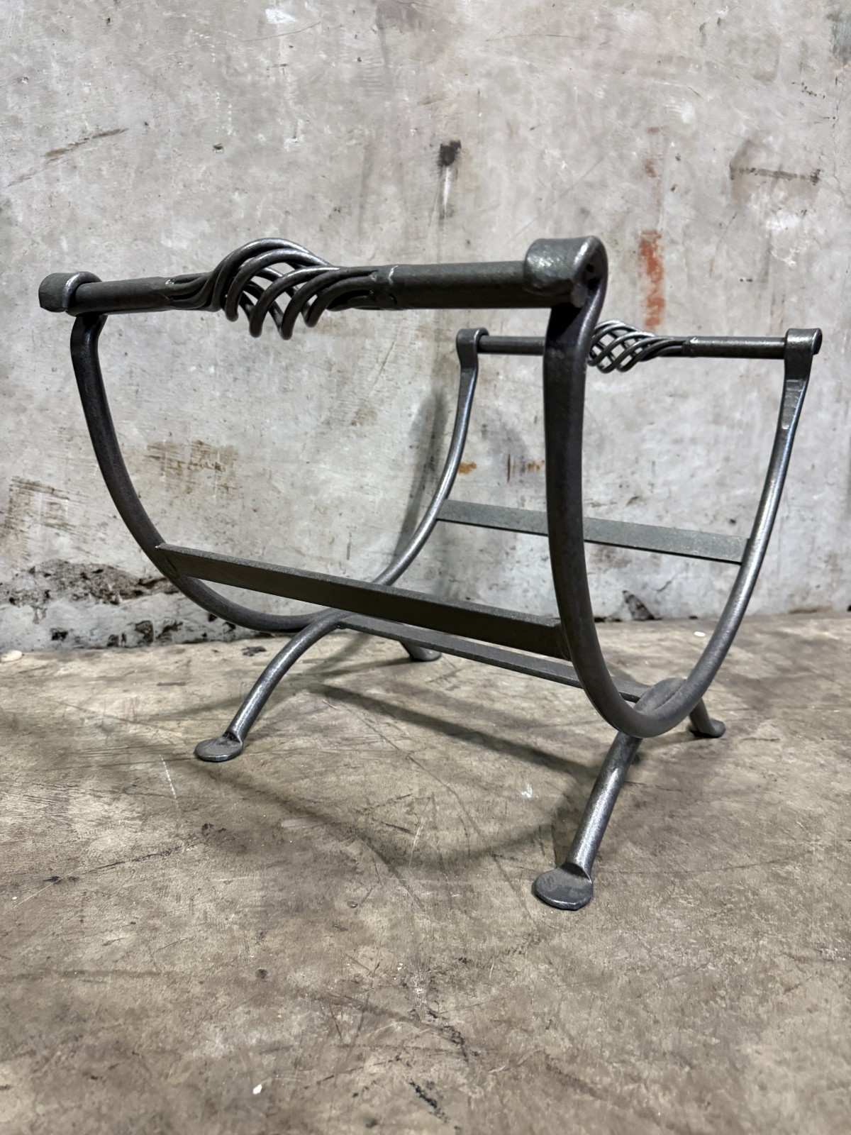 Vintage Wrought Iron Log Holder Fireplace Rack Twisted Scroll 20.5”