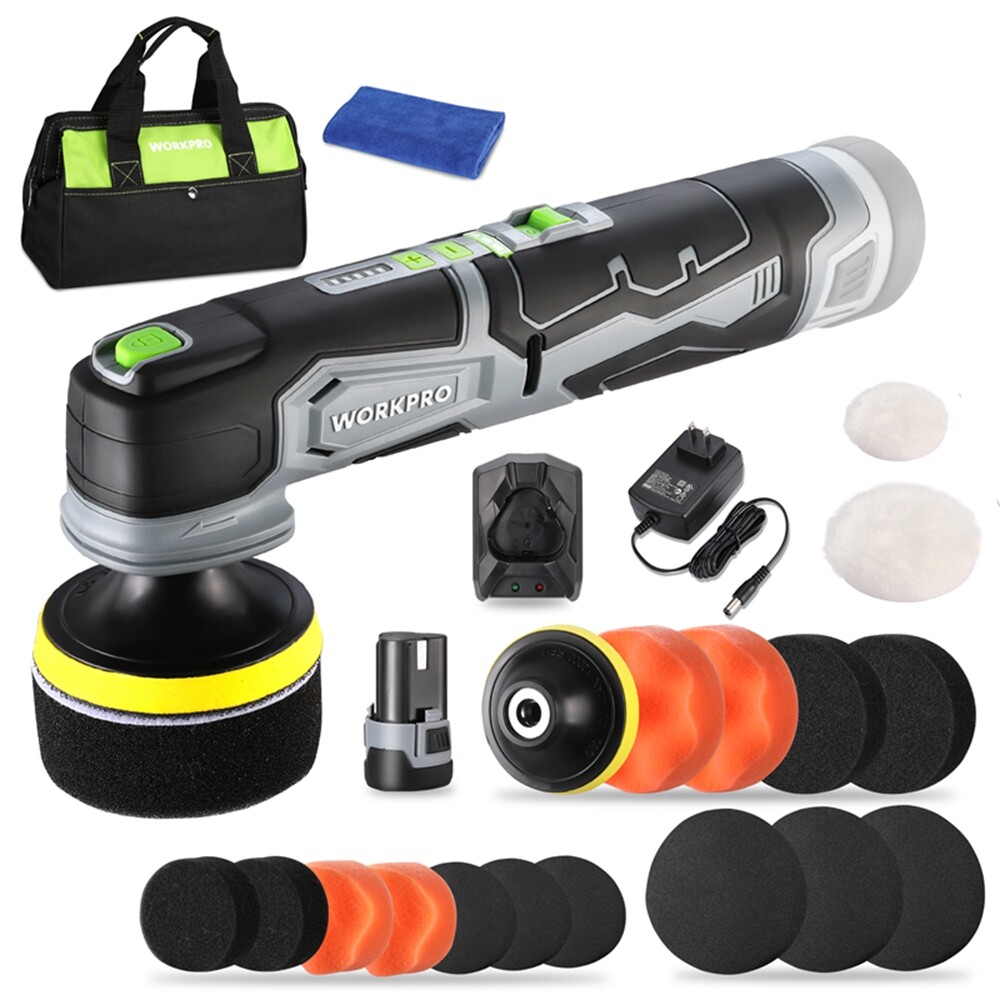 WORKPRO 12V Cordless Mini Buffer Polisher Kit 5 Variable Speed 600-3000RPM w/Bag