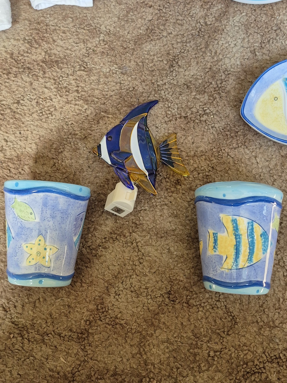 Fish Theme 7pc Bath Bathroom Set Ceramic Soap Dish ToothBrush Hold Cup Trash Can