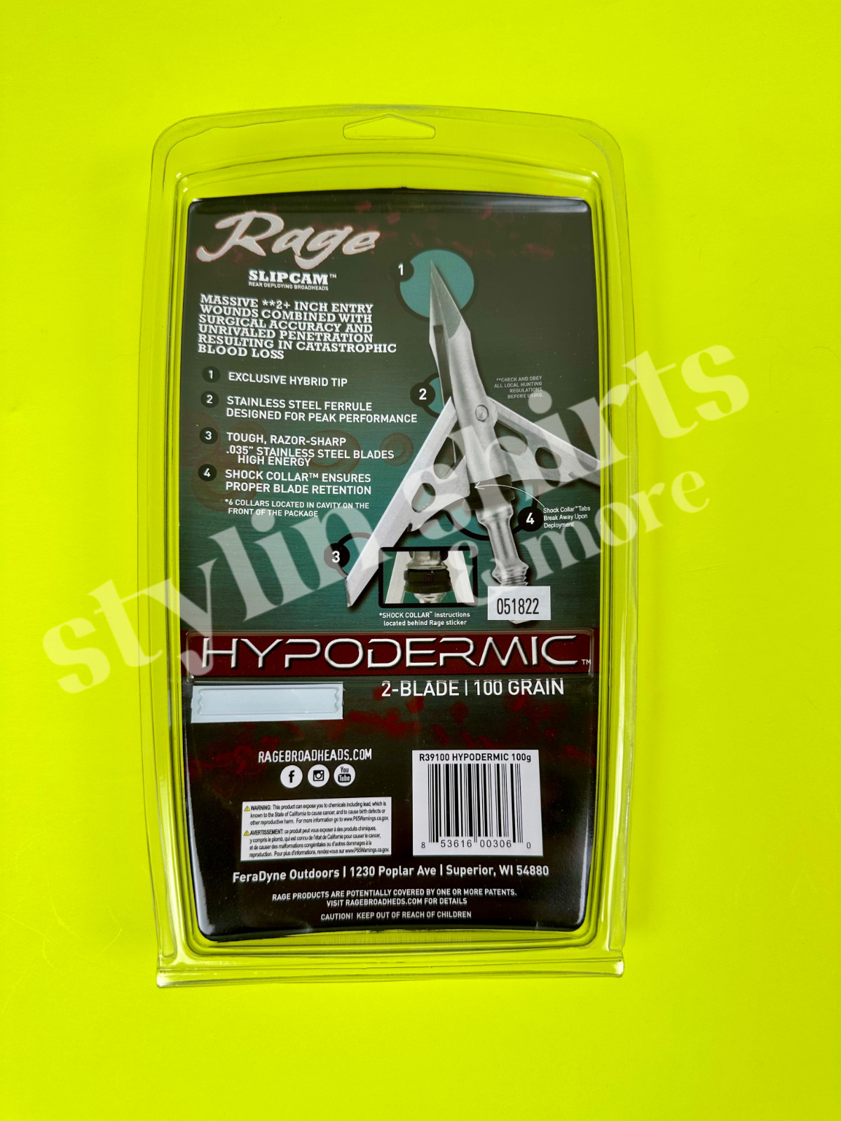 1 pack RAGE Slipcam HYPODERMIC 2" cut mechanical 2 blade broadheads 100 grain