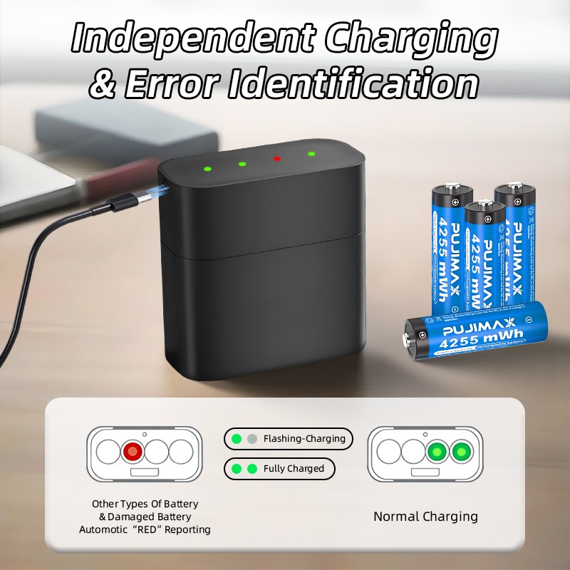 NEW 4 PCS PUJIMAX 4255mWh 1.5V AA Rechargeable Li-ion Batteries with Charing Box