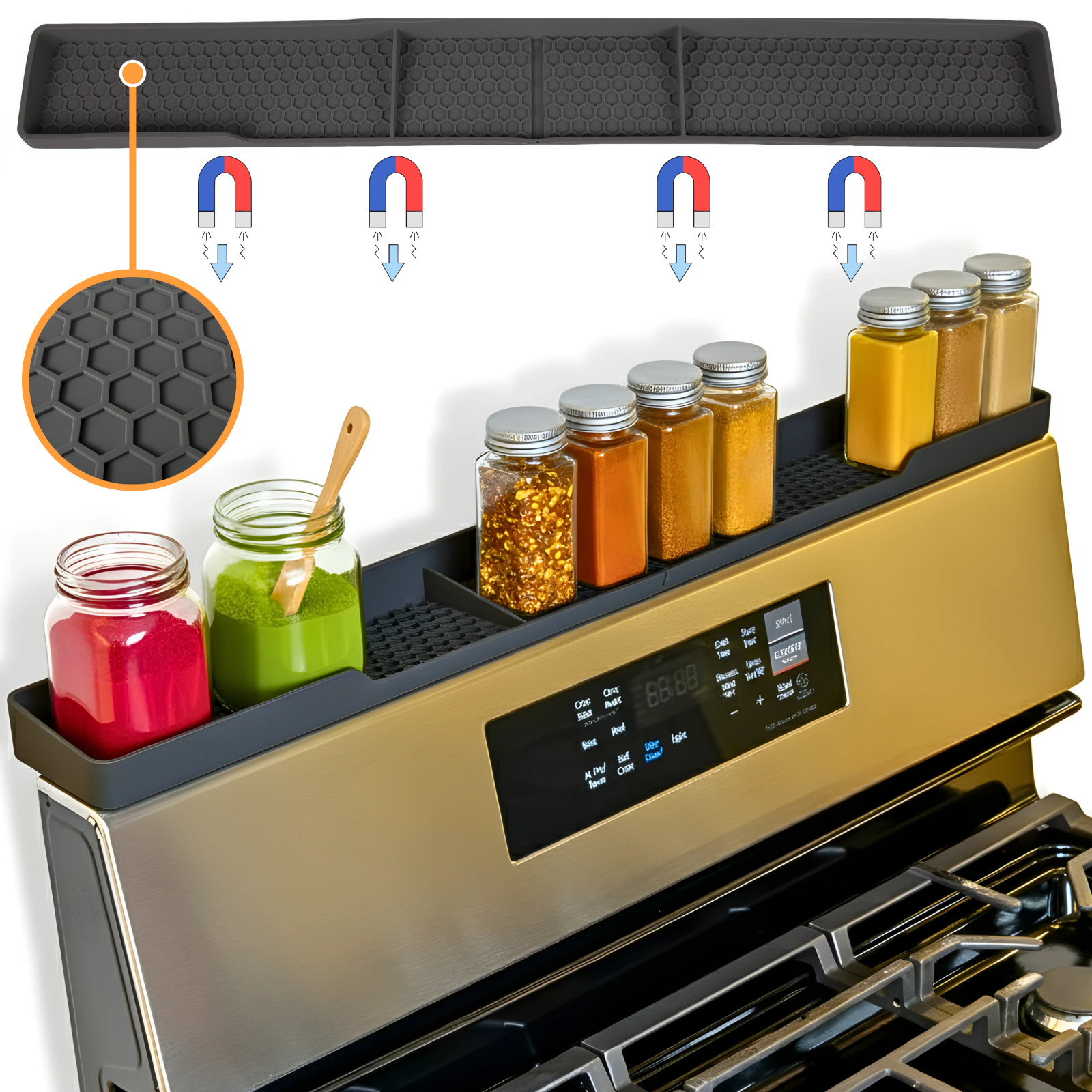 TEO Magnetic Stove Top Shelf - Silicone 30" Over the Stove Spice Rack