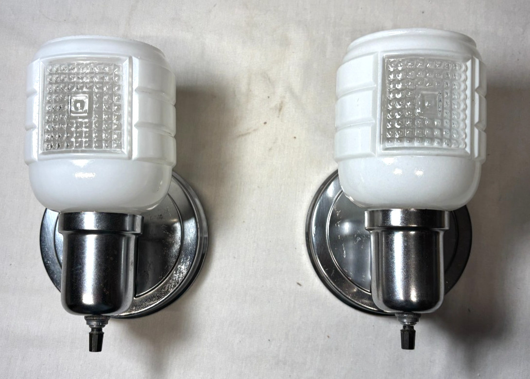 Chrome Sconce Pair Vtg Wall Light Fixture MCM Bathroom Art Deco USA #L92