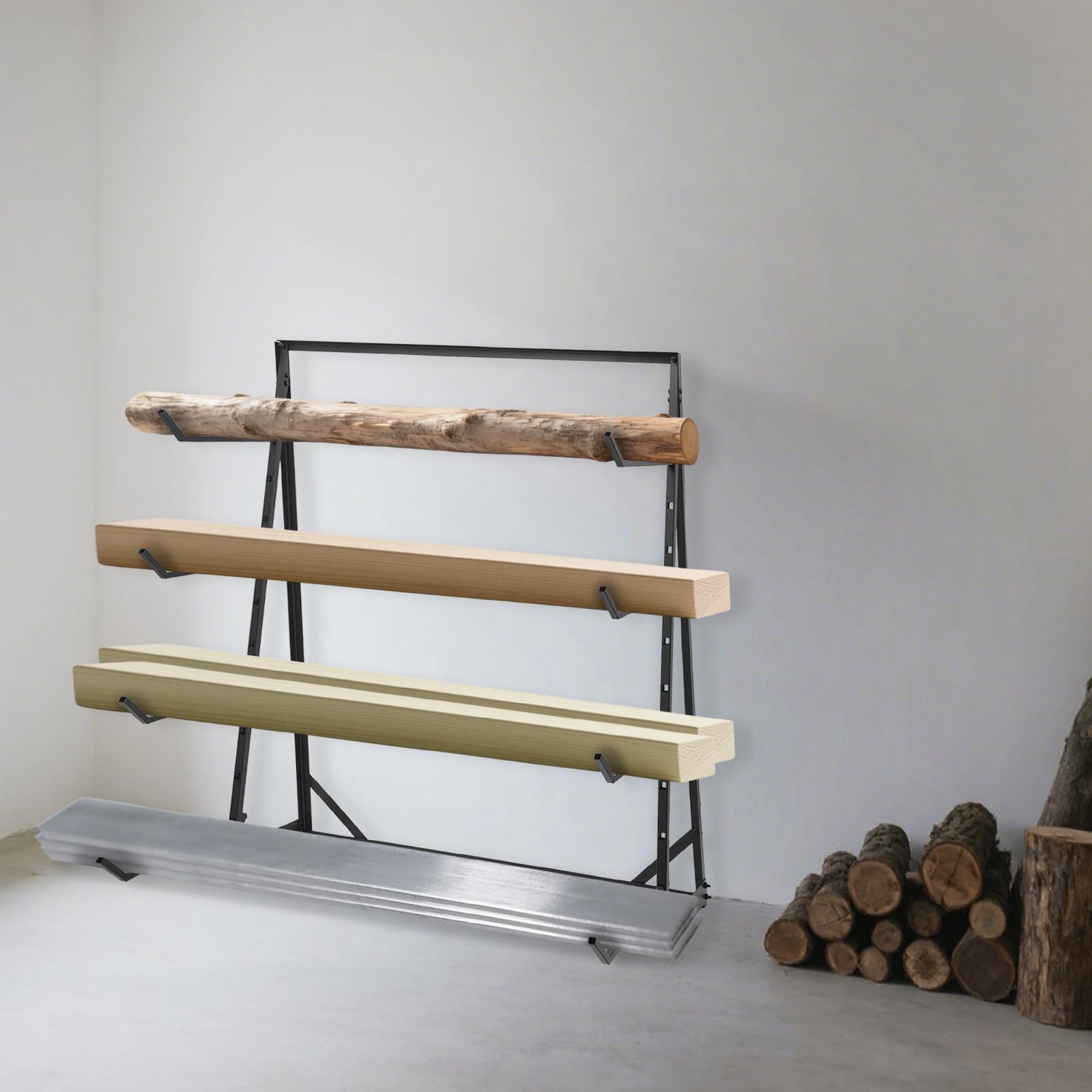 4 Tier Steel Horizontal Lumber Storage Rack, Heavy Duty Pipe Organizer Shelf