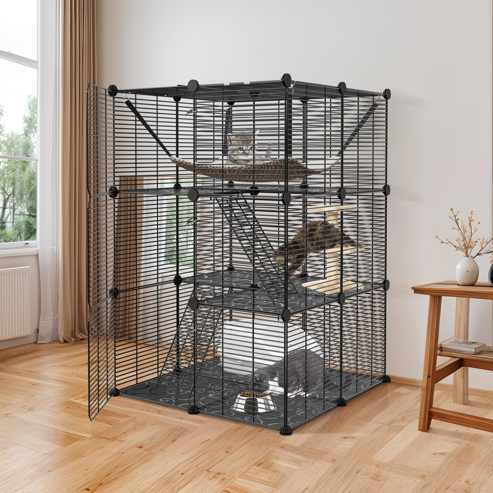 1-2 Cats Cage Indoor Cat Enclosures Cat Playpen Metal Kennel w/ Large Hammock