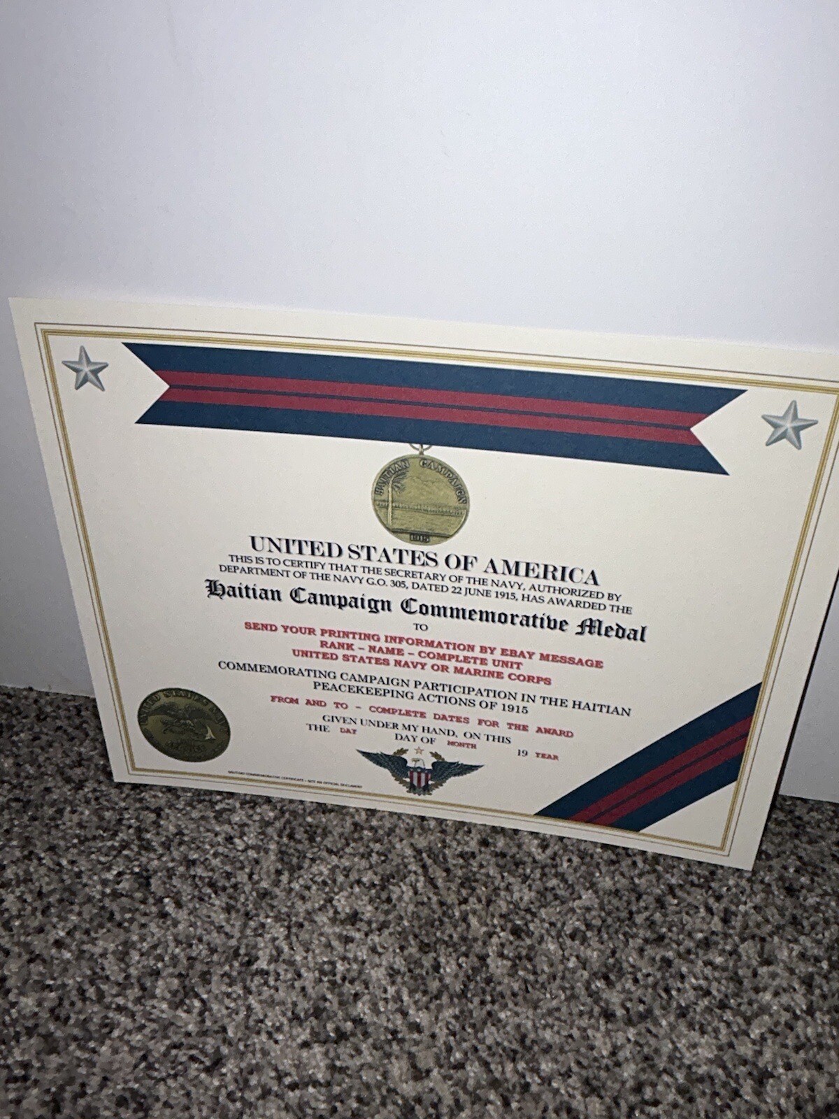 HAITIAN CAMPAIGN (NAVY) COMMEMORATIVE MEDAL CERTIFICATE ~ W/PRINTING TYPE-1