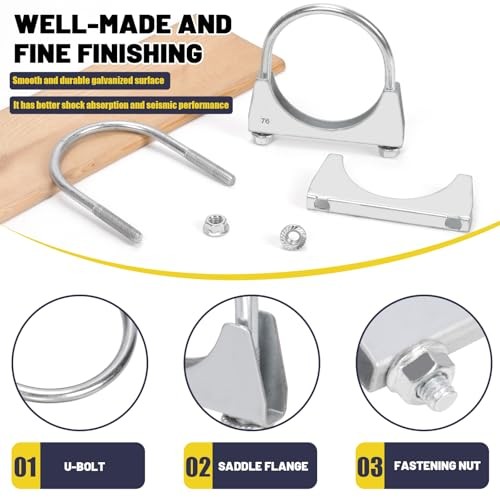 2Pcs (76mm) Exhaust U Clamps, U Bolt Muffler Clips, Silver Steel, Automotive 3"