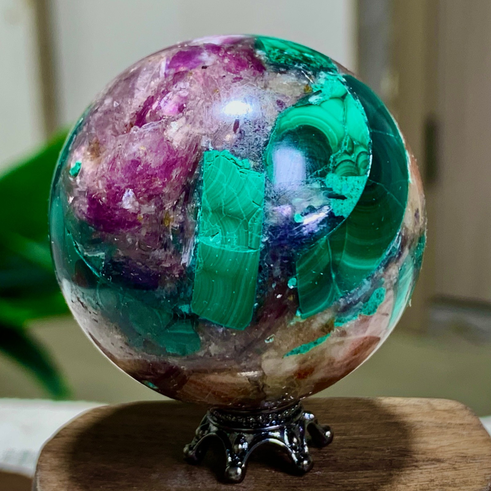 117G Newly discovered rare malachite purple mica symbiotic sphere restoration