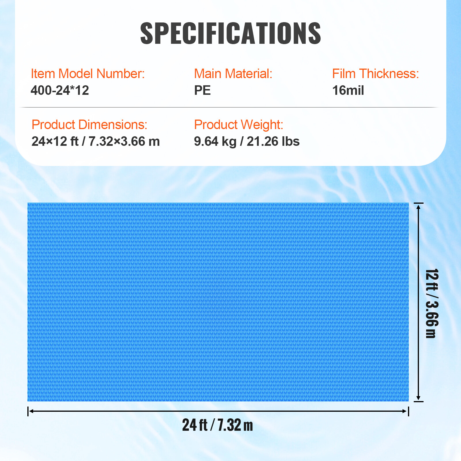 VEVOR Solar Pool Cover 24x12 ft Inground Above Ground Pools Solar Blanket 16 mil