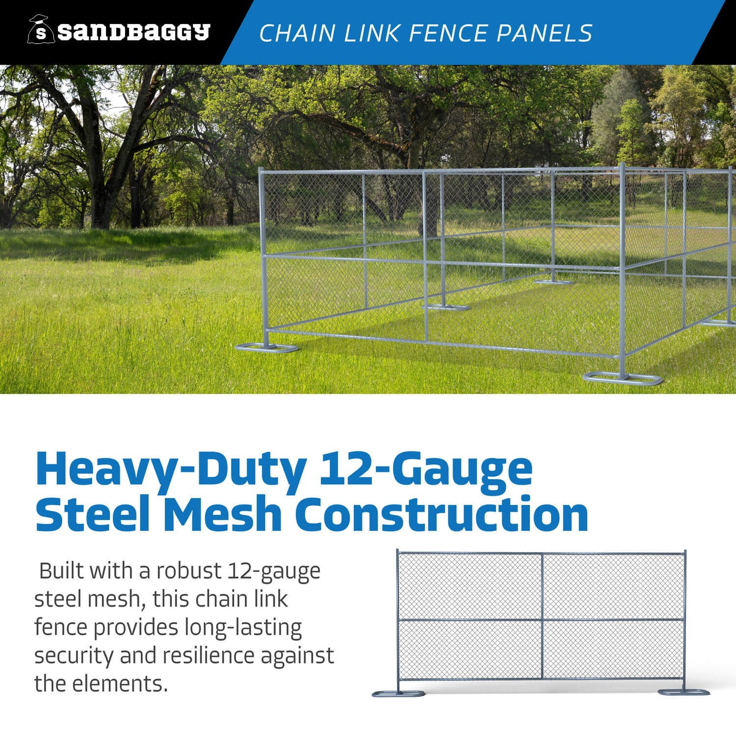 Sandbaggy 6 ft x 8 ft Temporary Chain Link Fence Panel - Galvanized [5 Qty]
