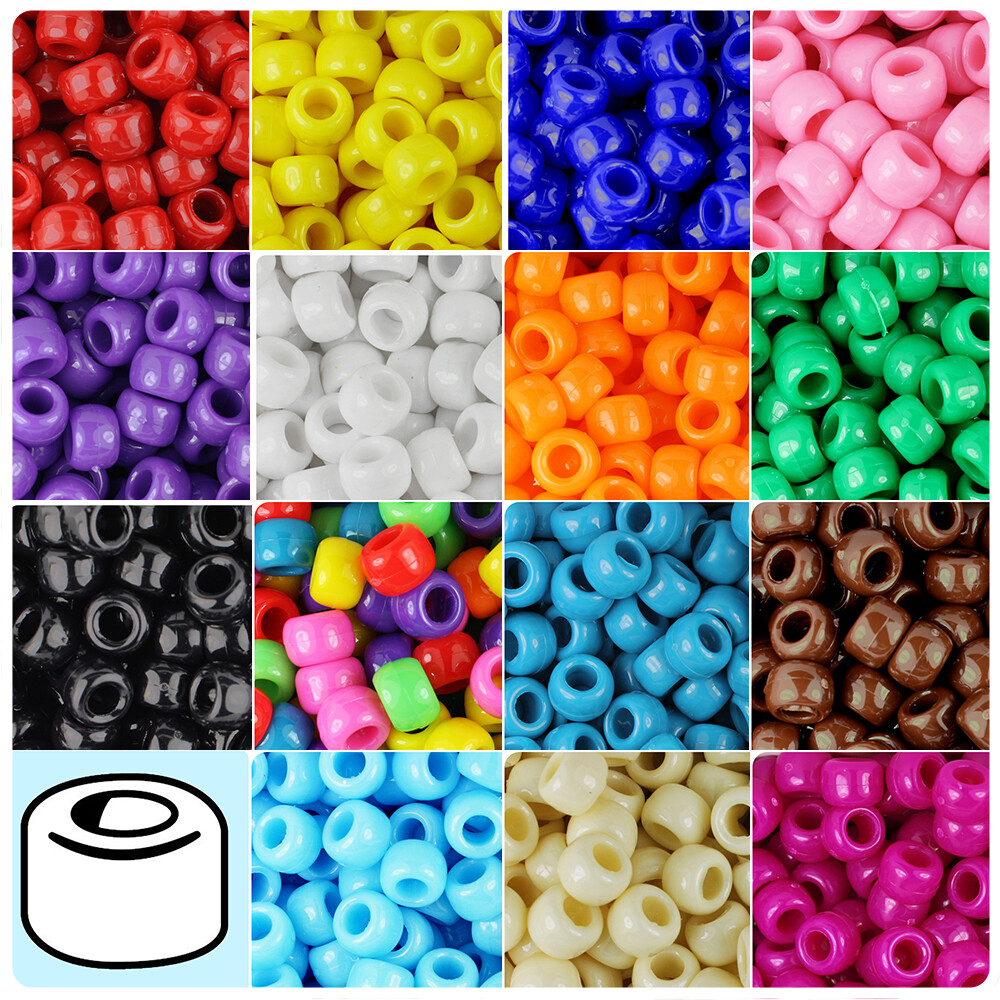 100x Opaque 9x6mm Barrel Plastic Pony Beads - Made in the USA - 28 Color choices