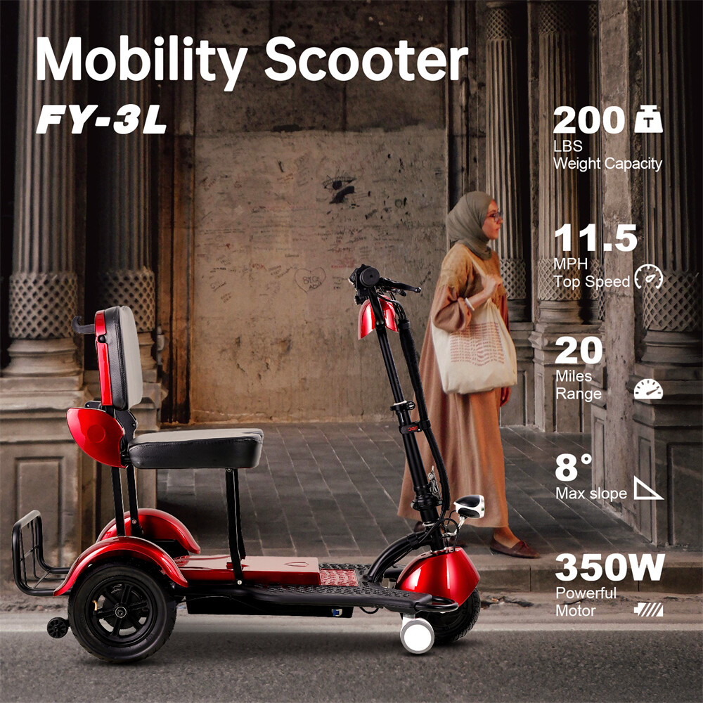 Lightweight 3-Wheel Travel Mobility Scooter 30 Miles 350W 3-Speed 220lb Capacity