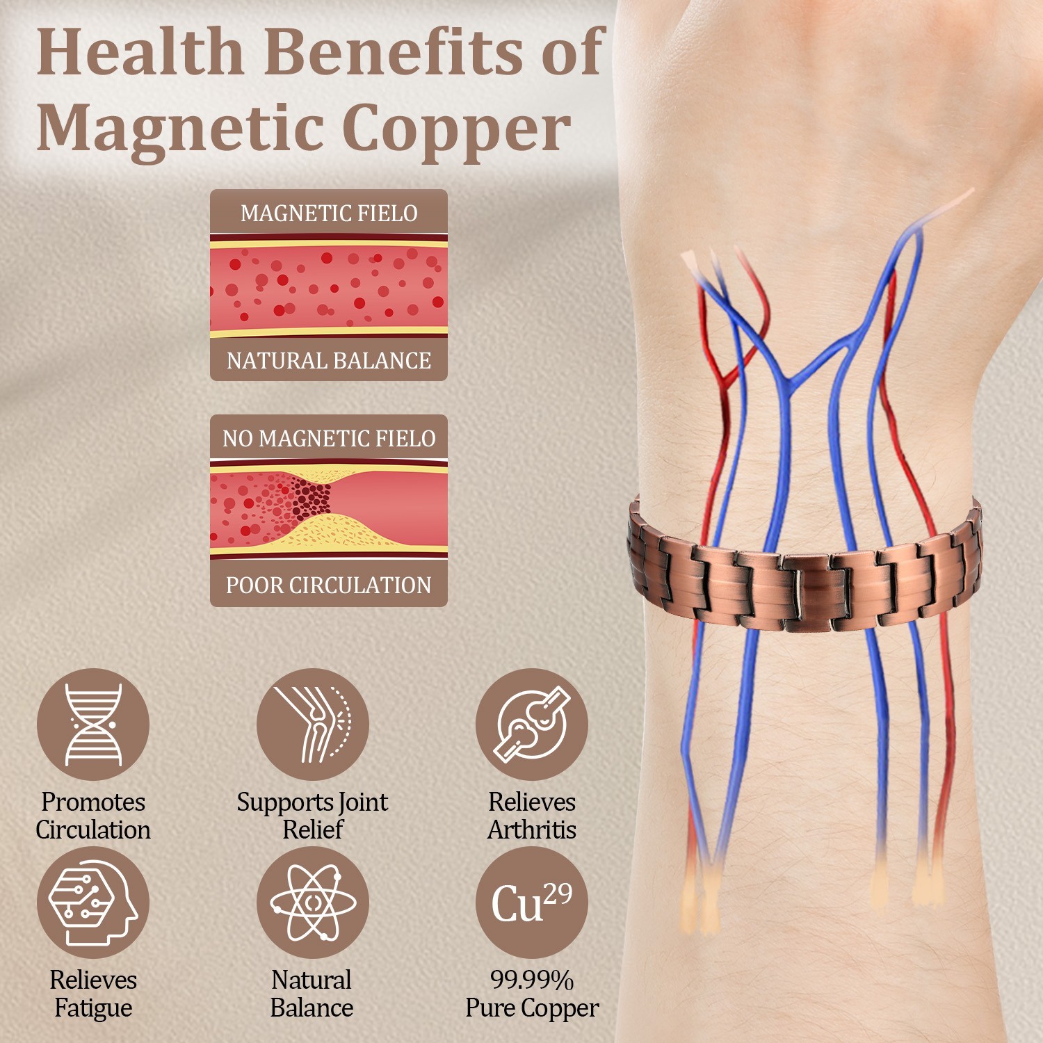 Men’s Copper Magnetic Bracelet – Hematite, Germanium, FIR, Adjustable