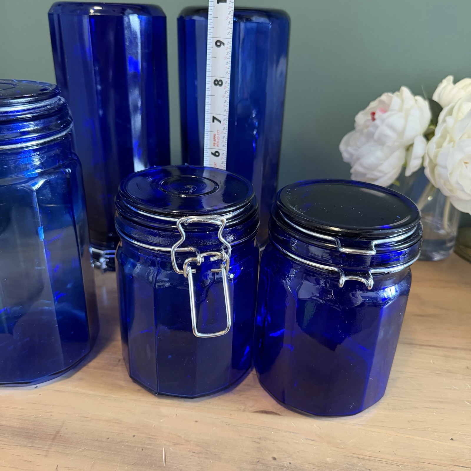 Vintage Cobalt Blue Glass Canister Set 5 Wire Bale Jars Italian Glass