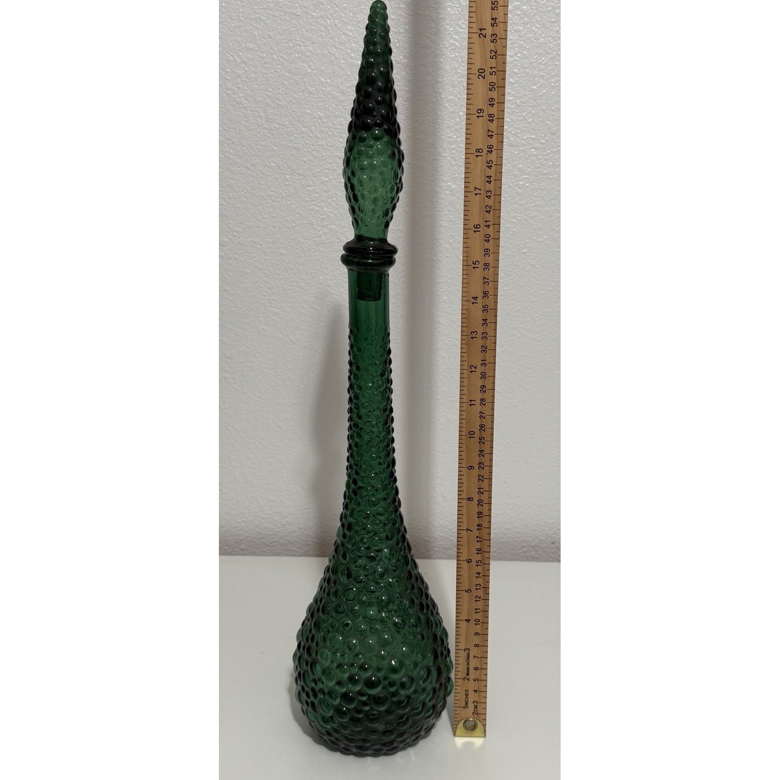Vintage MCM Green Hobnail Glass Decanter Genie Bottle 21"