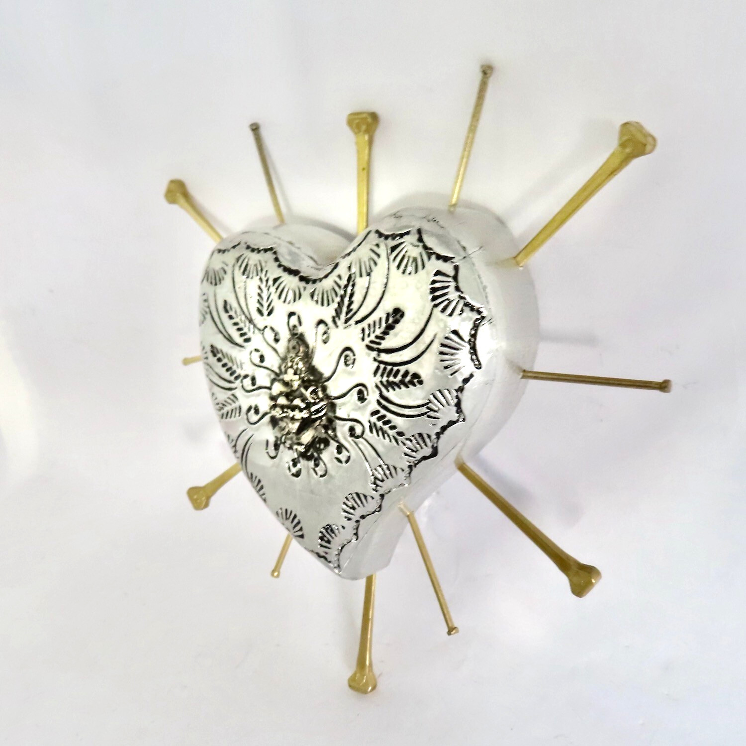 Milagros Sacred Heart Nails Wood Silver Embossed Handmade Mexican Folk Art 6H