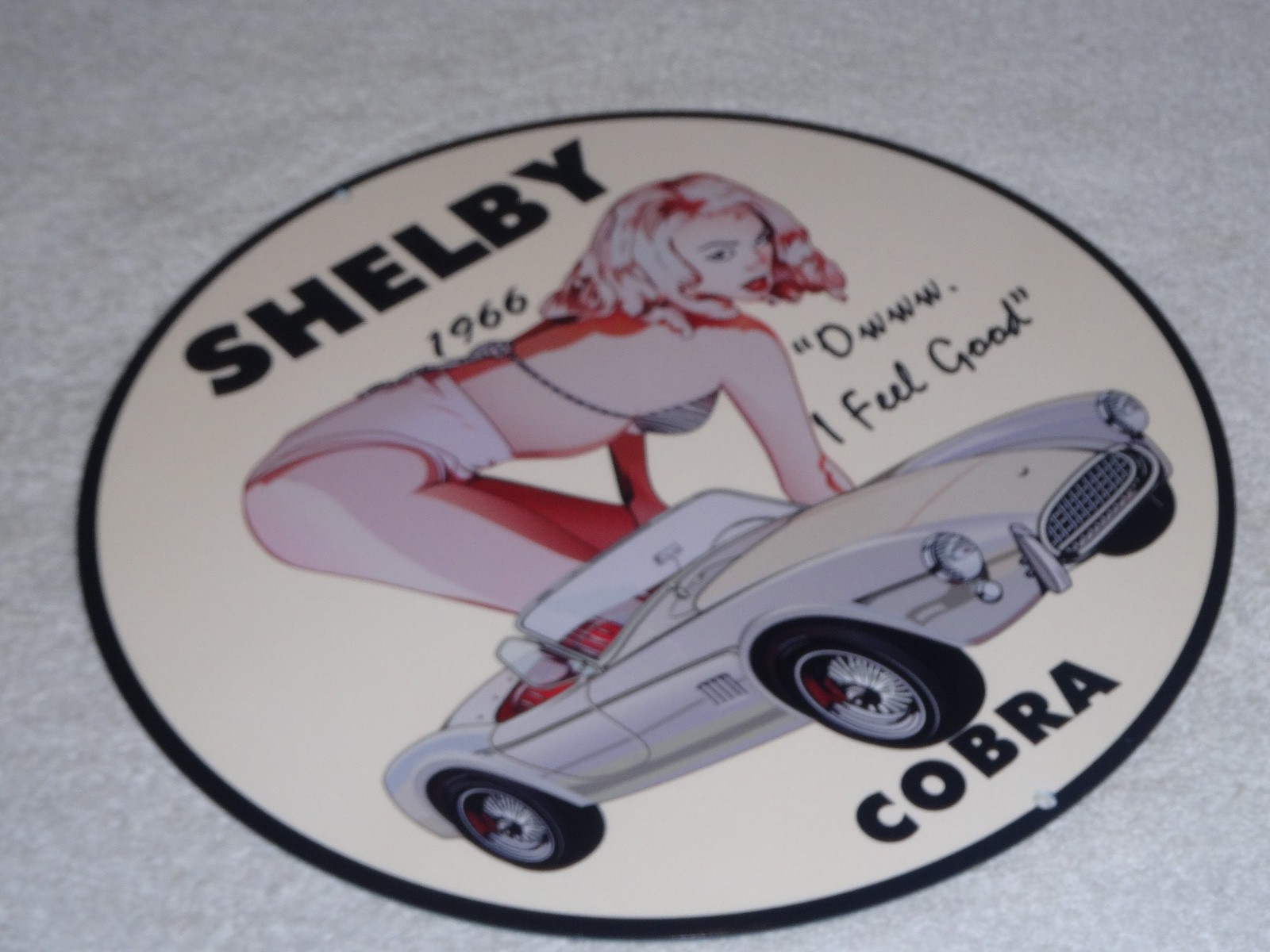VINTAGE 1966 FORD SHELBY COBRA SPORTS CAR & WOMAN 12" METAL GASOLINE & OIL SIGN!