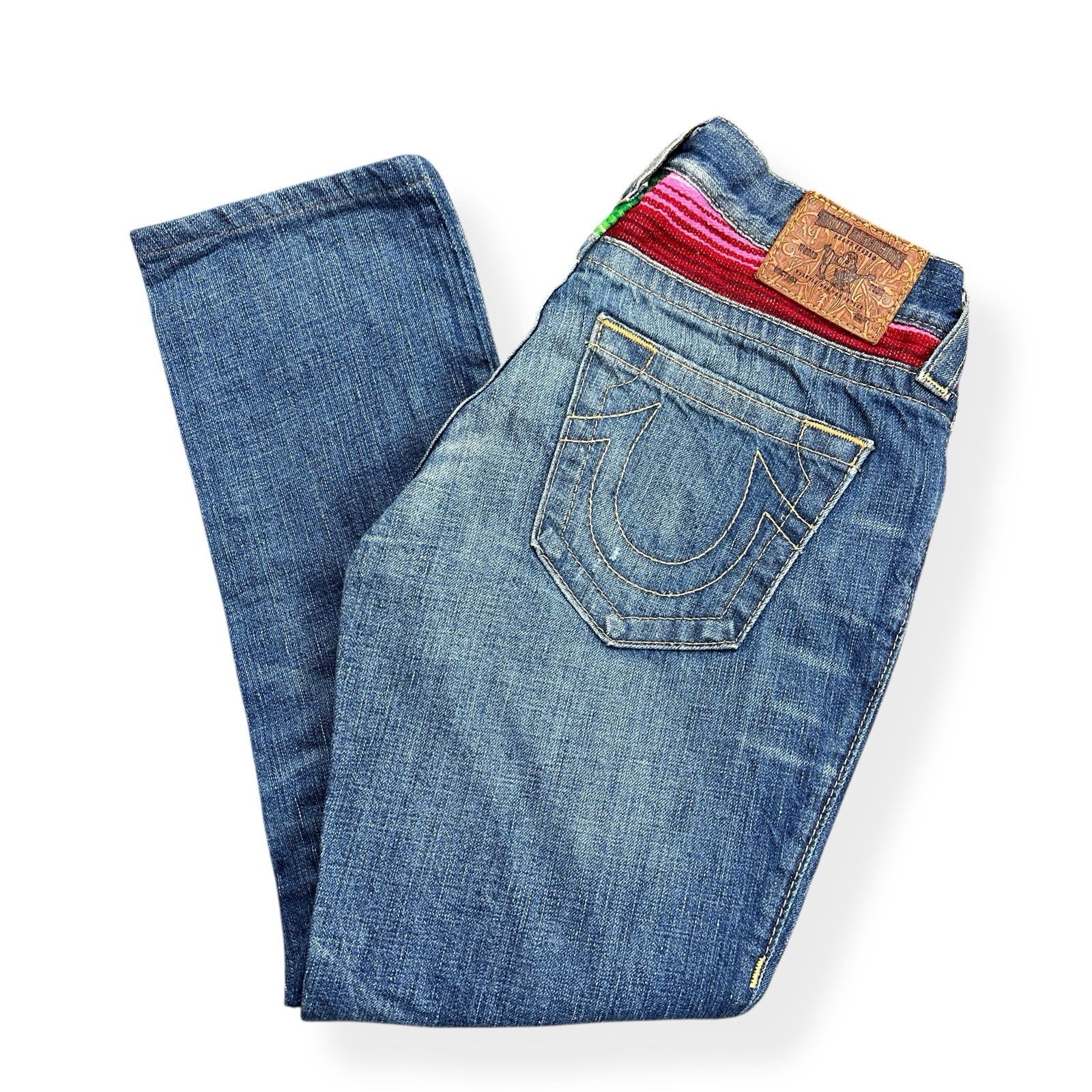 VTG True Religion Size 25 Brianna Baja Boyfriend Button-Fly Serape Patched Jeans