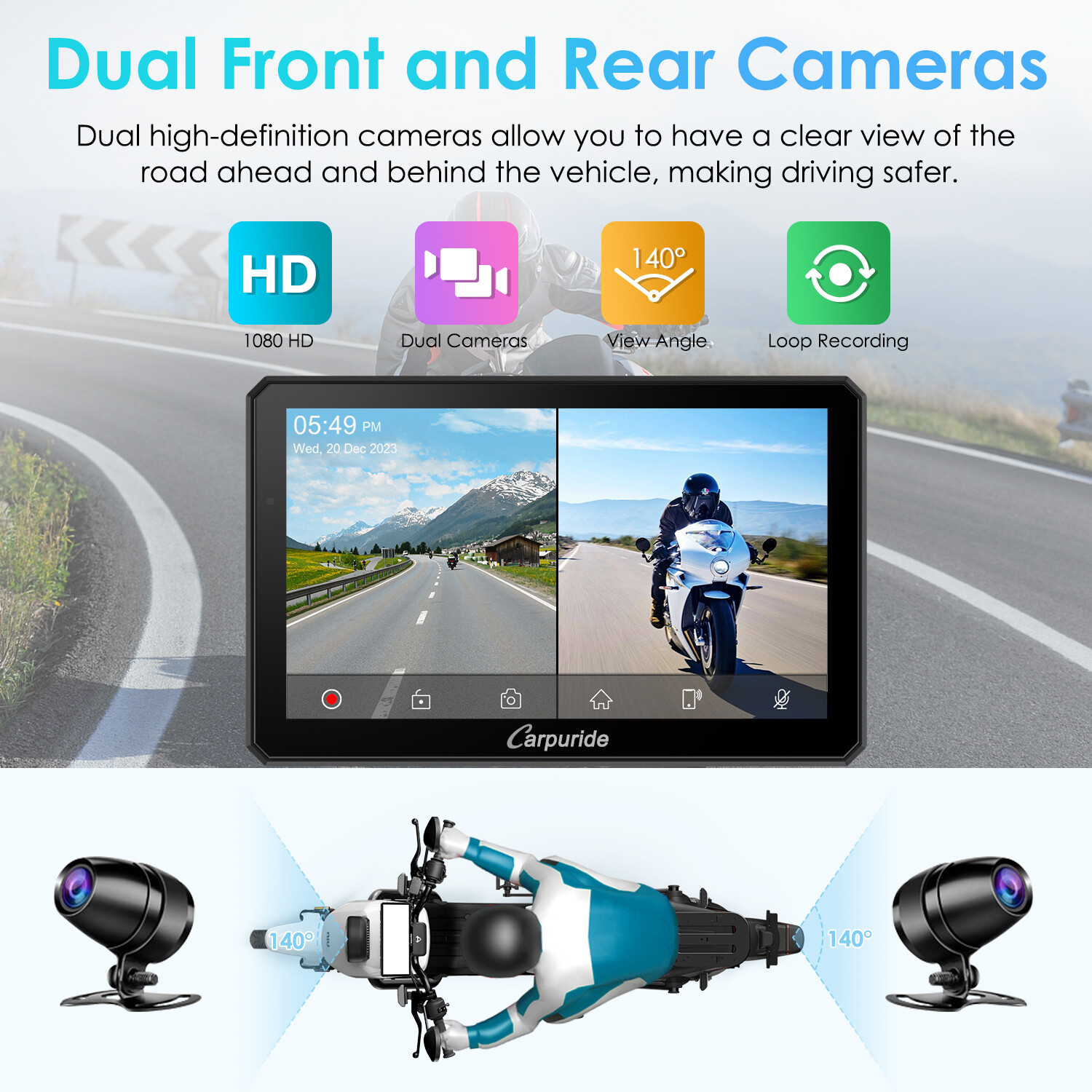 Carpuride W712D Moto Stereo Waterproof Dual Camera Wireless Carplay Android Auto